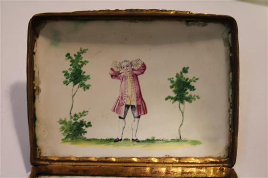 An enamel snuff box with gilt metal mounts, German, mid 18th century, width 3.25in.